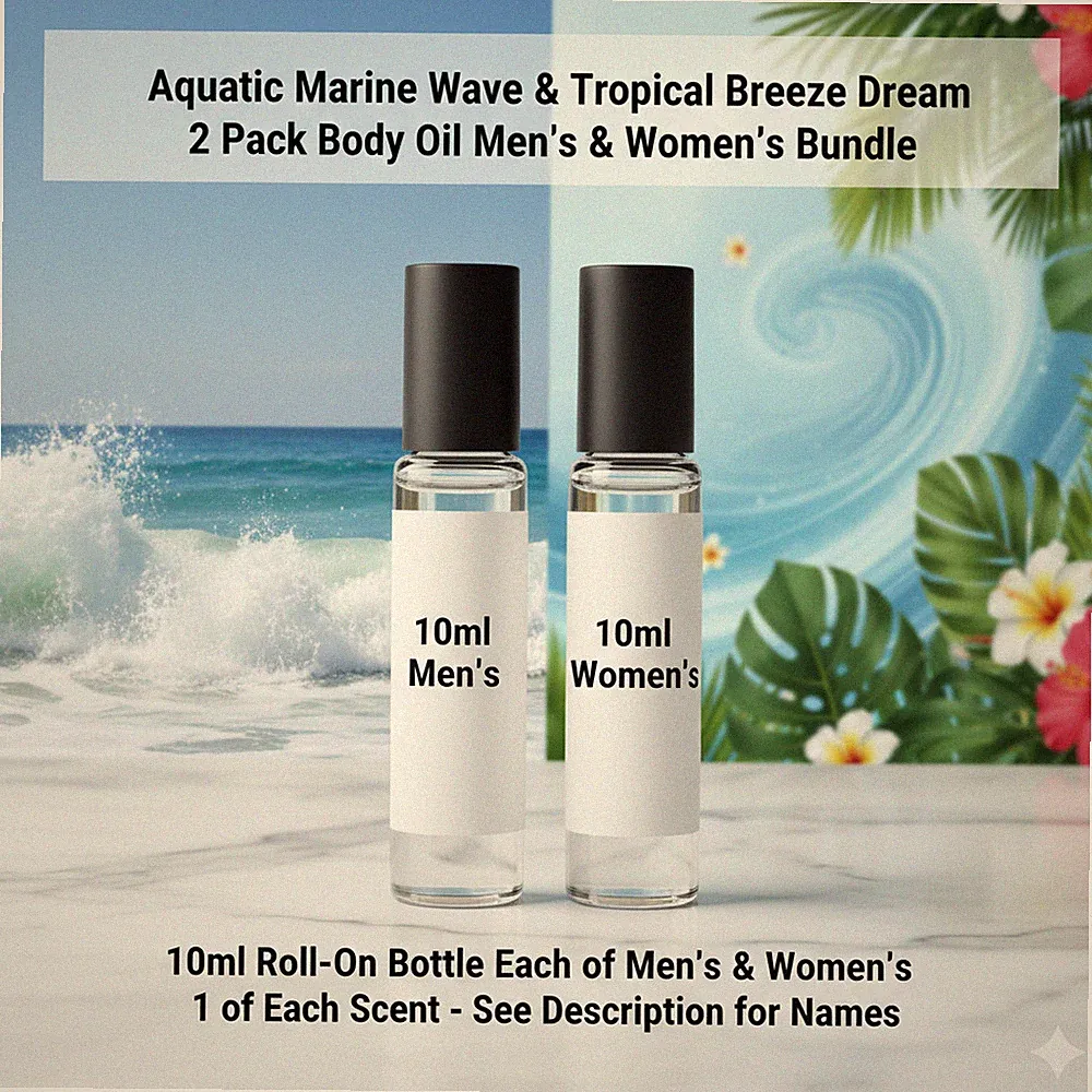 Aquatic Marine Wave & Tropical Breeze 2 Pack 10ML RollOn Perfume Body Oil Bundle