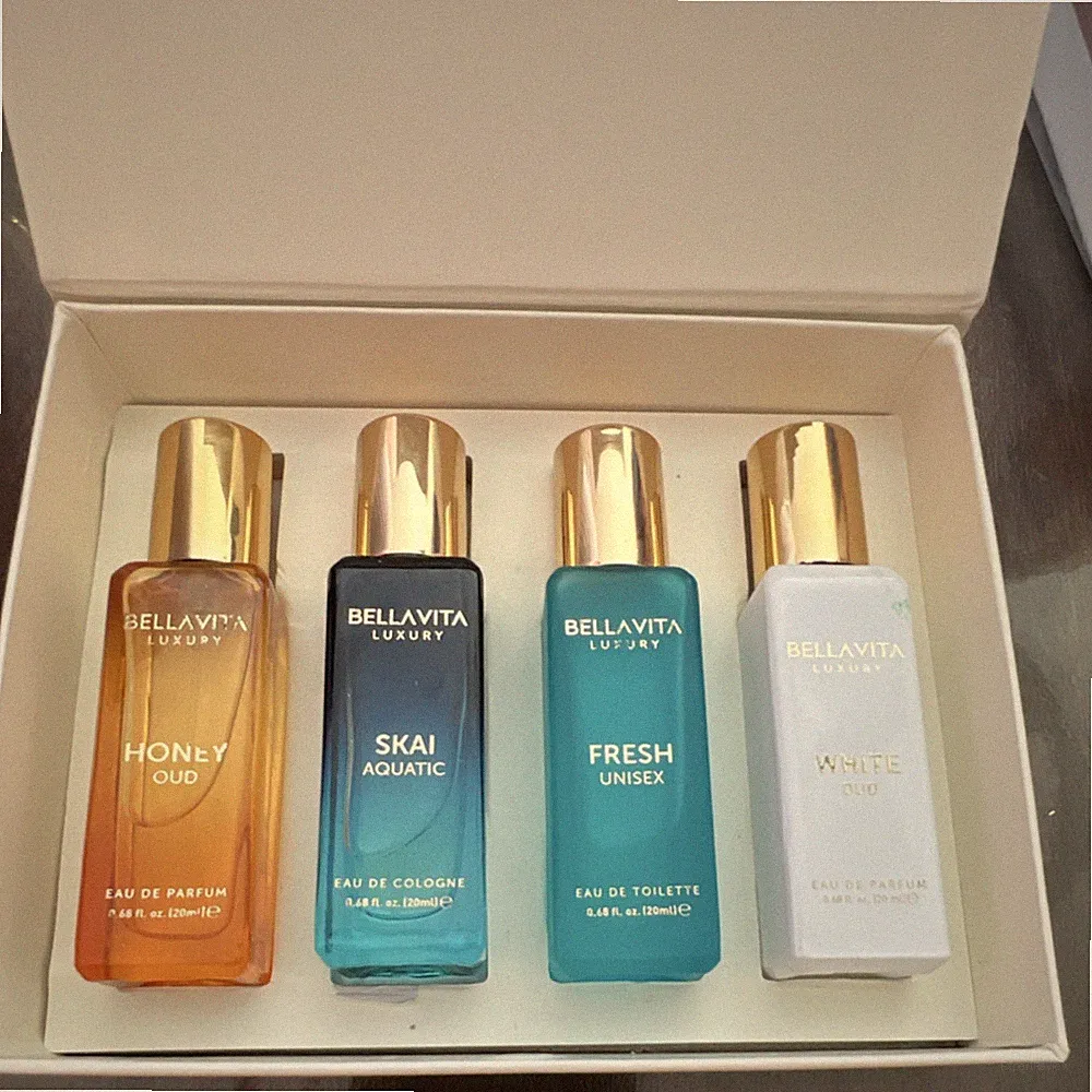 Bellavita Luxury Unisex Perfume Gift Set Spray 4 x 0.68 fl oz Oud Aquatic Fresh